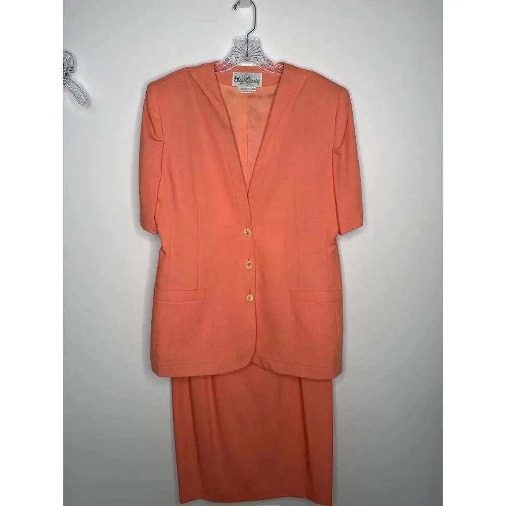 1980s Oleg Cassini peach two piece skirt suit size 10